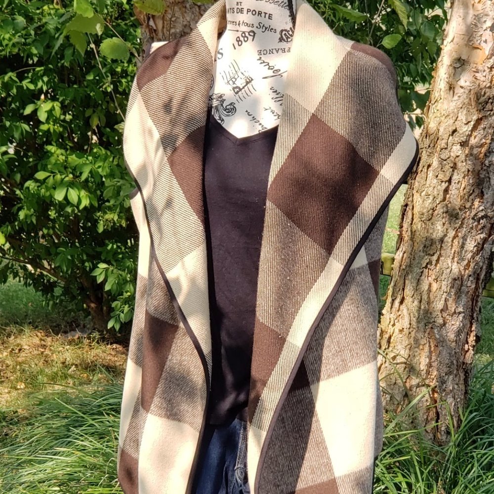 Waterfall Collar Buffalo Plaid Vest Coat